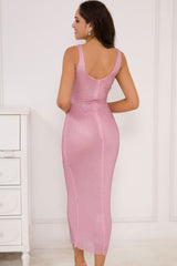 Sparkly Rhinestone Scoop Neck Mesh Sleeveless Bodycon Cocktail Midi Dress - Pink