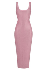Sparkly Rhinestone Scoop Neck Mesh Sleeveless Bodycon Cocktail Midi Dress - Pink