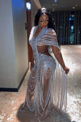Sparkly Rhinestone Sequined Sheer Mesh Cutout Cape Evening Maxi Dress - Silver