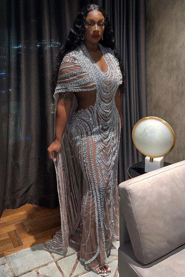 Sparkly Rhinestone Sequined Sheer Mesh Cutout Cape Evening Maxi Dress - Silver