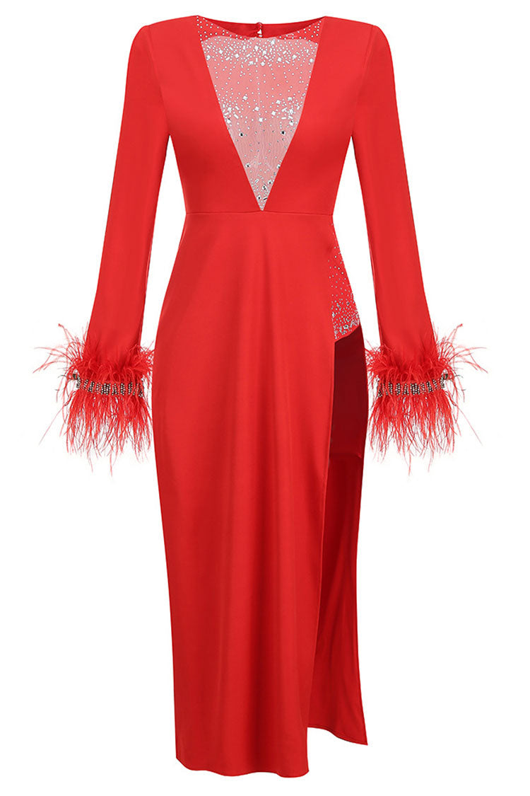 Sparkly Rhinestone Sheer Mesh Feather Trim Long Sleeve Split Evening Maxi Dress - Red