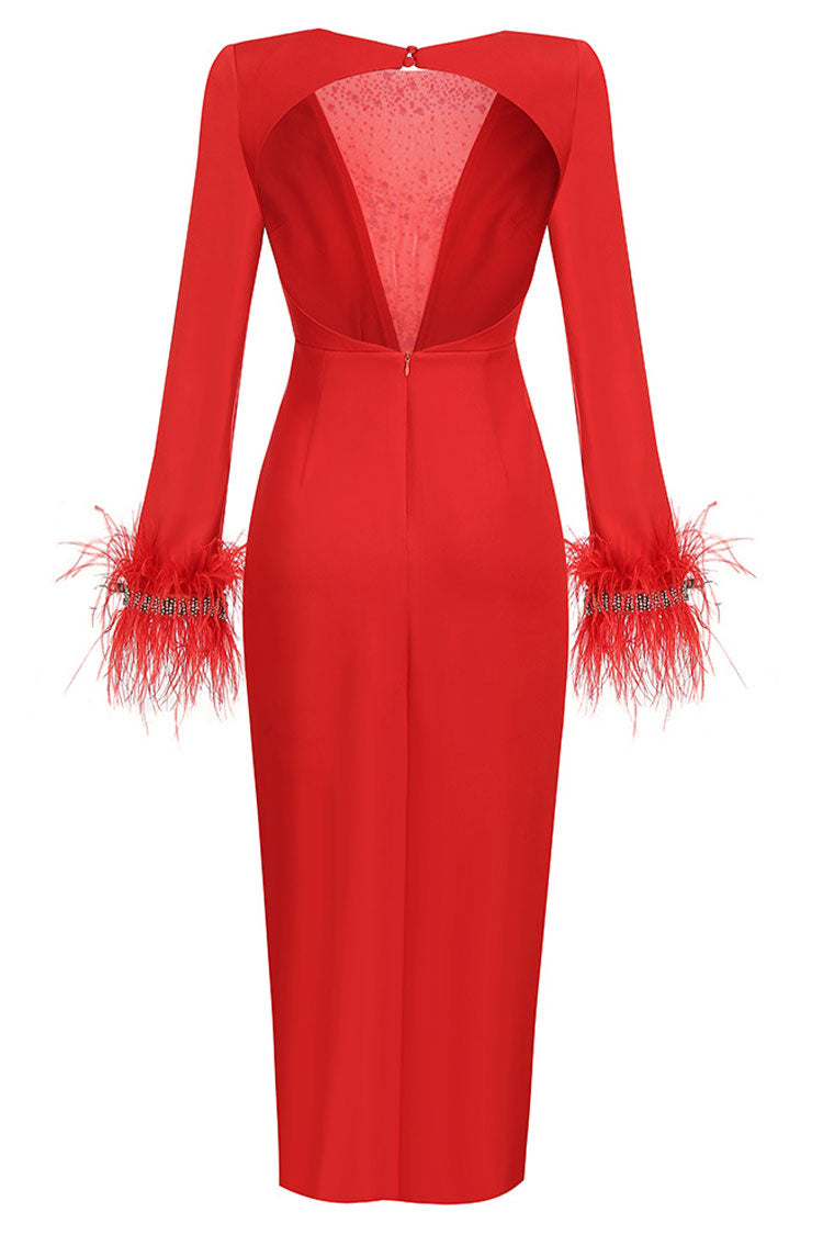 Sparkly Rhinestone Sheer Mesh Feather Trim Long Sleeve Split Evening Maxi Dress - Red