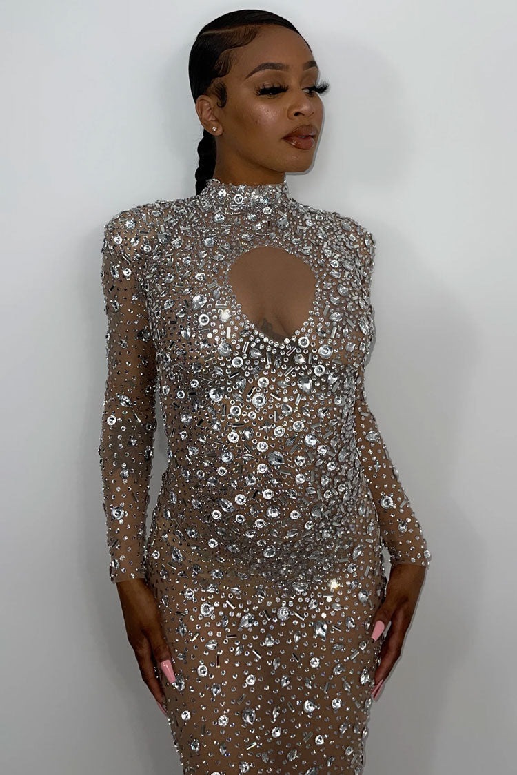 Sparkly Rhinestone Shoulder Pad Sleeved Sheer Mesh Maxi Evening Maxi Dress - Nude