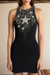Sparkly Rhinestone Star embroidered Sleeveless Bodycon Party Mini Dress