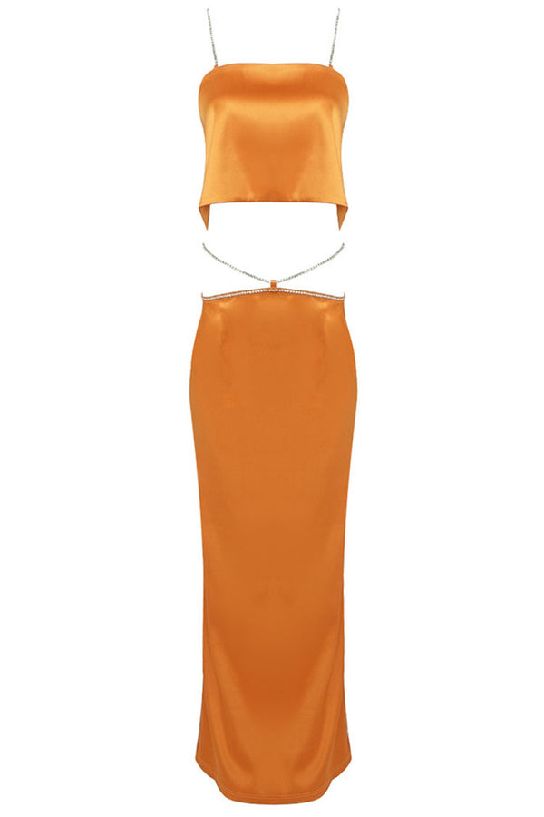 Sparkly Rhinestone Strap Crop High Waist Satin Two Piece Maxi Dress - Orange
