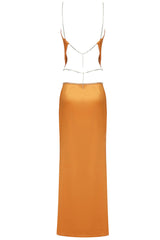 Sparkly Rhinestone Strap Crop High Waist Satin Two Piece Maxi Dress - Orange