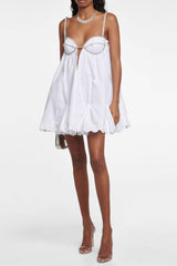 Sparkly Rhinestone Sweetheart Cutout Ruffled Babydoll Slip Party Mini Dress - White