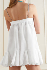 Sparkly Rhinestone Sweetheart Cutout Ruffled Babydoll Slip Party Mini Dress - White