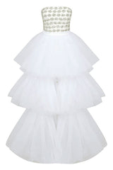 Sparkly Rhinestone Tube Top Layered Tulle High Low Evening Dress - White