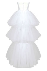 Sparkly Rhinestone Tube Top Layered Tulle High Low Evening Dress - White