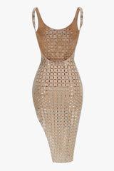 Sparkly Rhinestone V Neck Sleeveless Mesh Split Cocktail Midi Dress