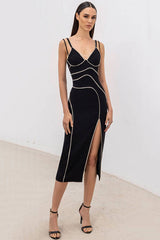 Sparkly Rhinestone V Neck Spaghetti Strap Split Bandage Cocktail Midi Dress - Black