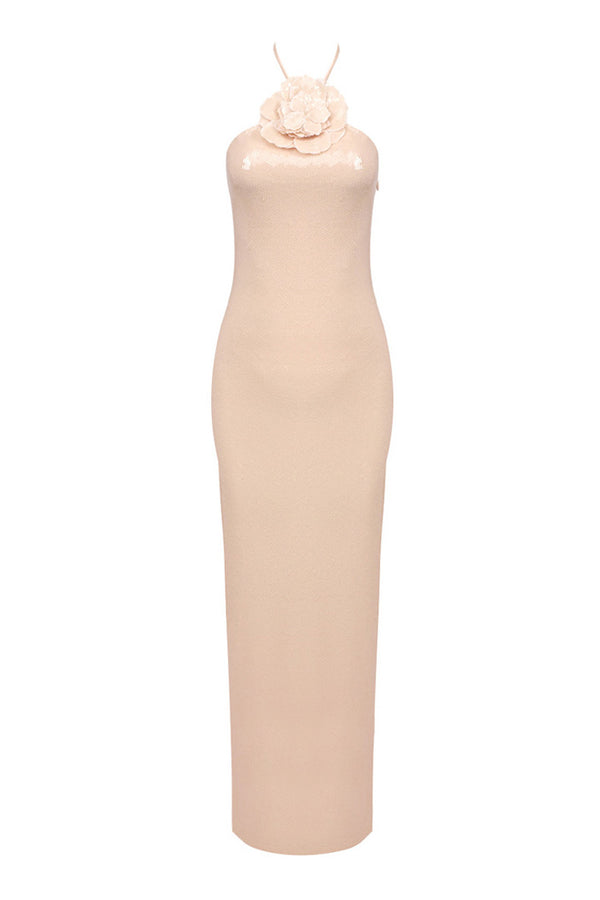 Sparkly Rosette Halter Sequin Embellished Split Sheath Evening Maxi Dress