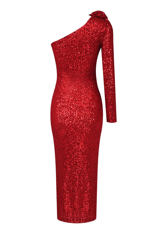 Sparkly Rosette One Shoulder Long Sleeve Sequin Cocktail Party Midi Dress