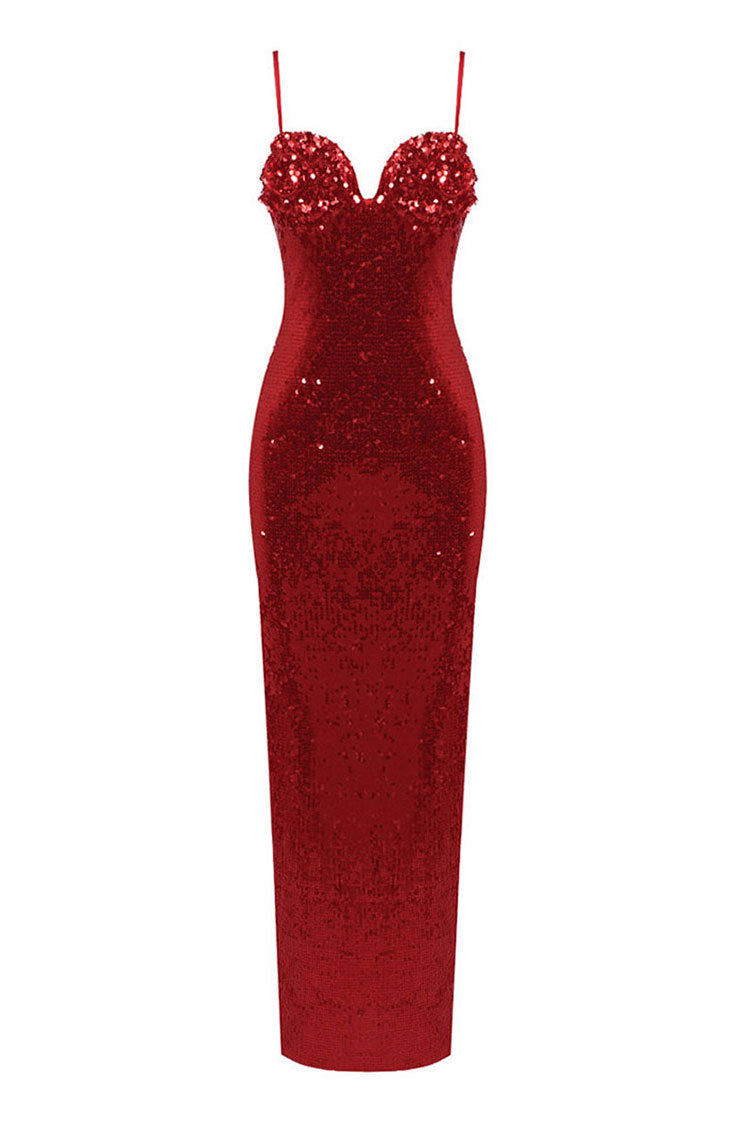 Sparkly Rosette Sweetheart Spaghetti Strap Split Slip Sequin Evening Maxi Dress