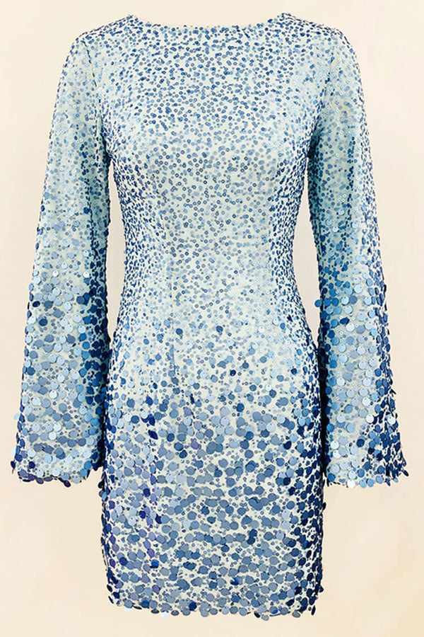 Sparkly Round Neck Long Sleeve Bodycon Sequin Party Mini Dress - Blue