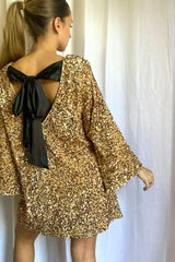 Sparkly Sequin Bow Tie Long Sleeve Oversized Velvet Party Mini Dress - Gold