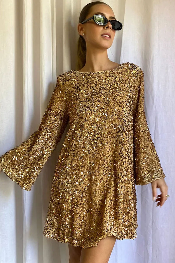 Sparkly Sequin Bow Tie Long Sleeve Oversized Velvet Party Mini Dress - Gold