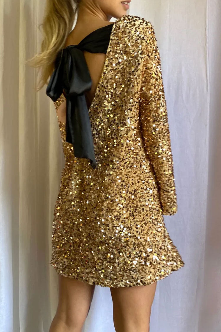 Sparkly Sequin Bow Tie Long Sleeve Oversized Velvet Party Mini Dress - Gold