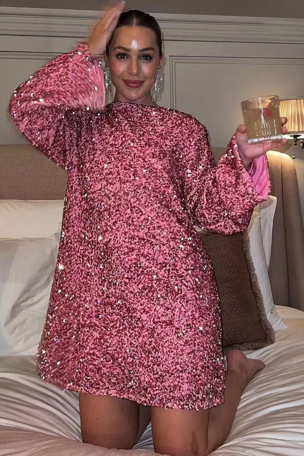 Sparkly Sequin Bow Tie Long Sleeve Oversized Velvet Party Mini Dress - Hot Pink