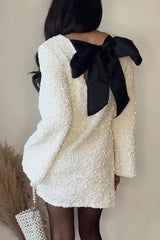Sparkly Sequin Bow Tie Long Sleeve Oversized Velvet Party Mini Dress - White