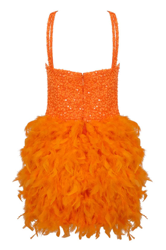Sparkly Sequin Bustier Sleeveless Feather Trim Party Mini Dress - Burnt Orange