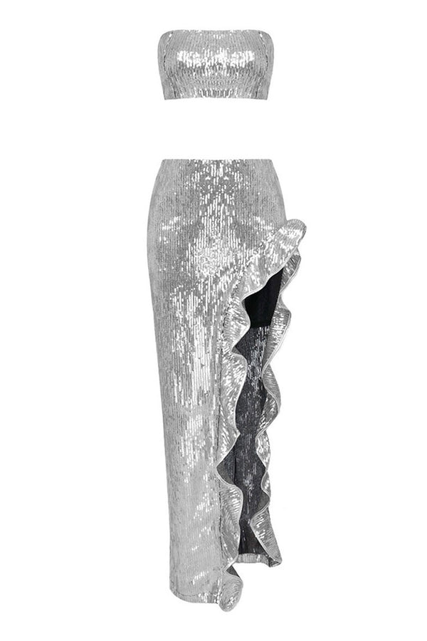 Sparkly Sequin Crop Tube Top High Waist Ruffle Split Two Piece Maxi Dress