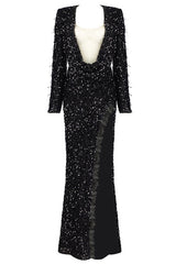 Sparkly Sequin Deep V Shoulder Pad Long Sleeve Split Evening Maxi Dress - Black
