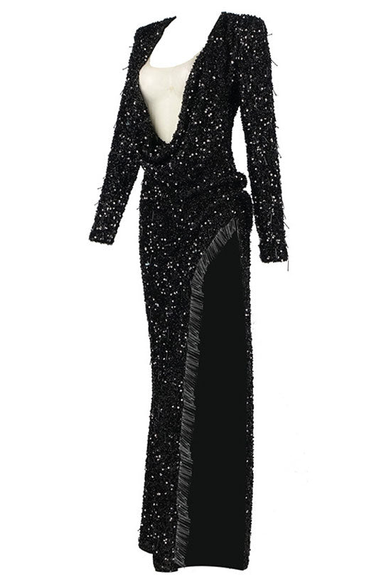 Sparkly Sequin Deep V Shoulder Pad Long Sleeve Split Evening Maxi Dress - Black