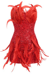Sparkly Sequin Faux Feather Bodycon Strapless Party Mini Dress - Red