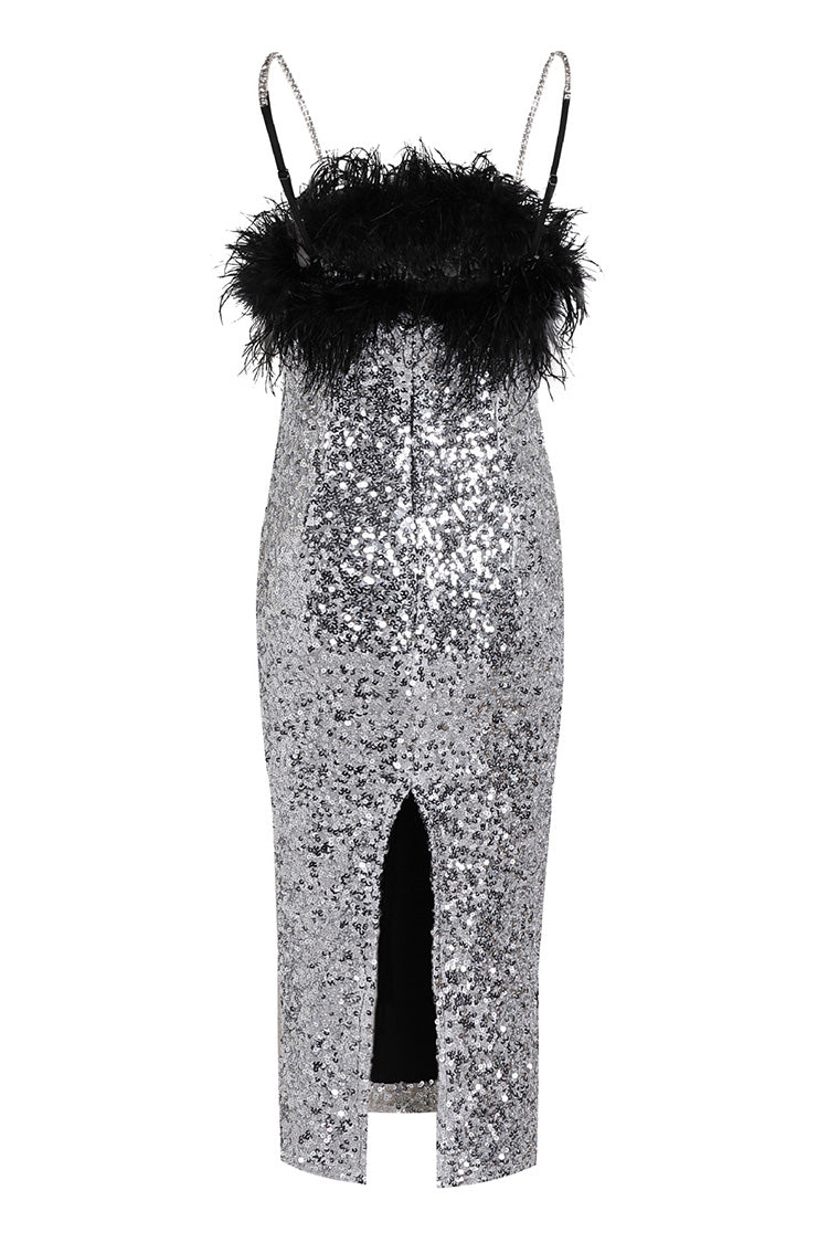Sparkly Sequin Feather Trim Rhinestone Strap Split Cocktail Midi Dress