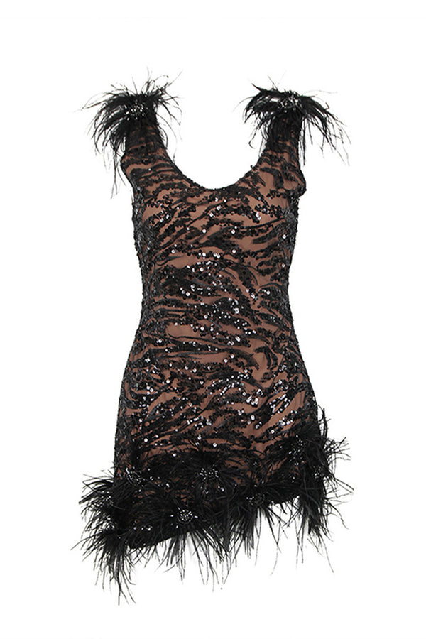 Sparkly Sequin Feather Trim Scoop Neck Sleeveless Bodycon Party Mini Dress