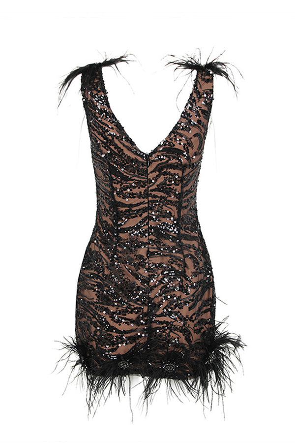 Sparkly Sequin Feather Trim Scoop Neck Sleeveless Bodycon Party Mini Dress
