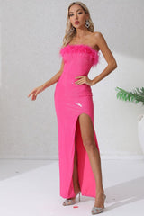 Sparkly Sequin Feather Trim Strapless High Split Evening Maxi Dress - Hot Pink