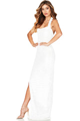 Sparkly Sequin Halter Side Split Mermaid Evening Maxi Dress - White