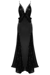Sparkly Sequin Lace Trim Deep V Split Sleeveless Evening Maxi Dress - Black