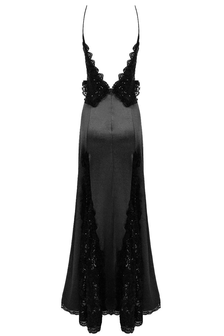 Sparkly Sequin Lace Trim Deep V Split Sleeveless Evening Maxi Dress - Black