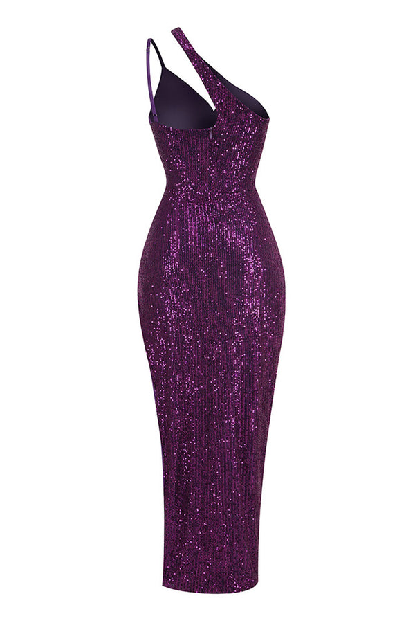 Sparkly Sequin One Shoulder Cutout High Split Sleeveless Evening Maxi Dress