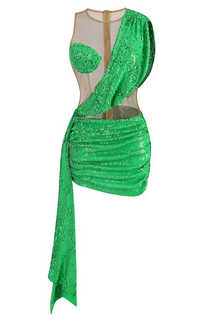 Sparkly Sequin Panel Sheer Mesh Ruched Draped Bodycon Club Mini Dress - Green