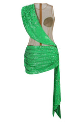 Sparkly Sequin Panel Sheer Mesh Ruched Draped Bodycon Club Mini Dress - Green