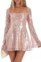 Sparkly Sequin Pleated Square Neck Bell Sleeve Skater Party Mini Dress - Gold
