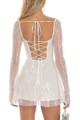 Sparkly Sequin Pleated Square Neck Bell Sleeve Skater Party Mini Dress - White