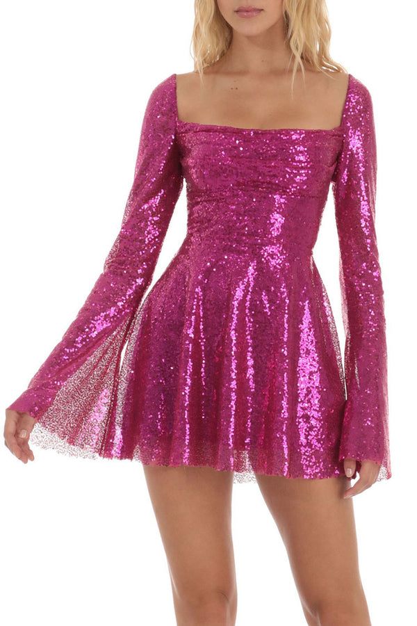 Sparkly Sequin Pleated Square Neck Bell Sleeve Skater Party Mini Dress - Hot Pink