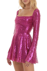 Sparkly Sequin Pleated Square Neck Bell Sleeve Skater Party Mini Dress - Hot Pink