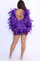 Sparkly Sequin Rhinestone Feather Embellished Bodycon Party Mini Dress - Purple