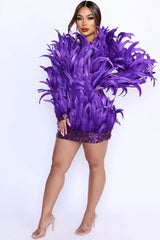 Sparkly Sequin Rhinestone Feather Embellished Bodycon Party Mini Dress - Purple