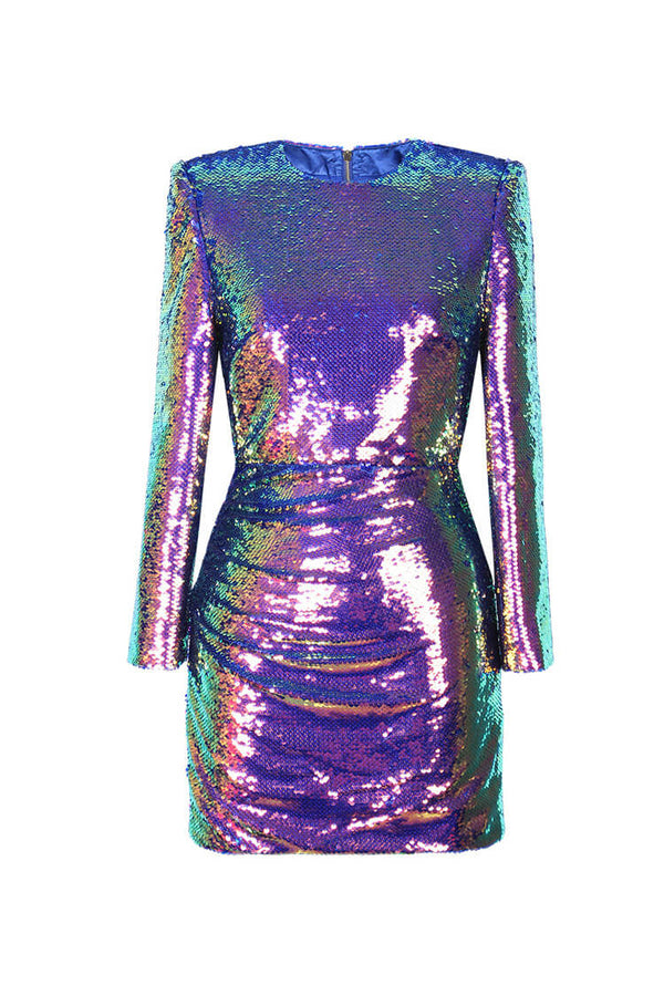 Sparkly Sequin Round Neck Long Sleeve Ruched Bodycon Party Mini Dress