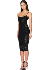 Sparkly Sequin Scoop Neck Spaghetti Strap Cocktail Party Midi Dress - Black