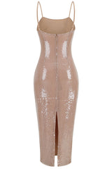Sparkly Sequin Spaghetti Strap Bodycon Sleeveless Cocktail Midi Dress - Nude