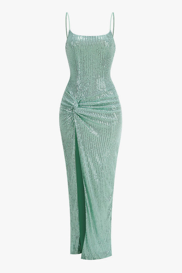 Sparkly Sequin Spaghetti Strap Lace Up Twisted Ruched Split Evening Maxi Dress